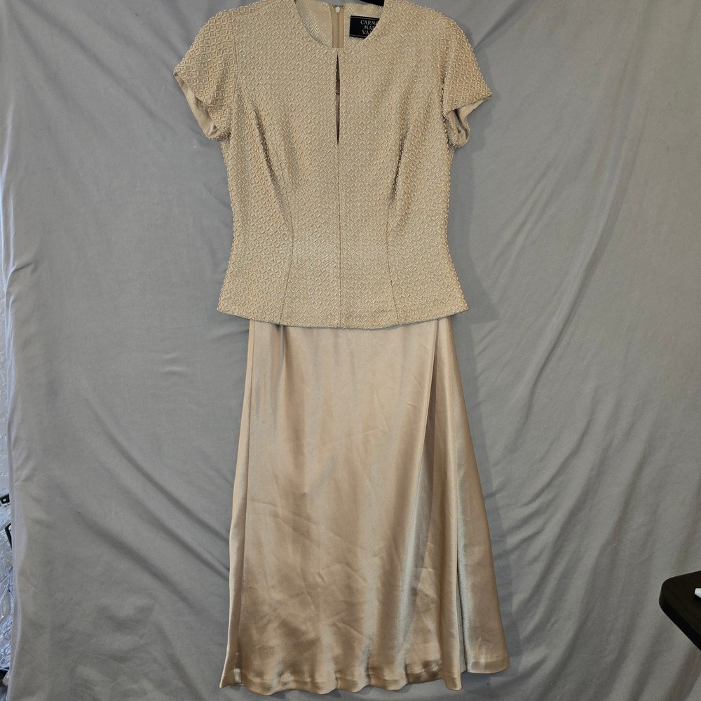 Carmen Marc Valvo Skirt Suit 6 Womens Champagne Beaded Top Satin Maxi Skirt Set